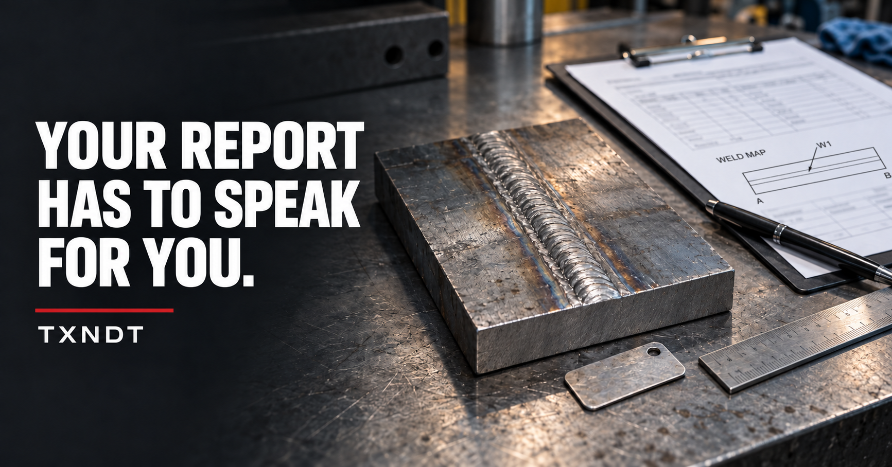 Welded steel coupon beside an inspection report